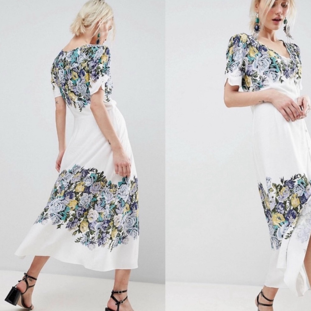 NWT Free People Jaimie Floral Midi Dress XS Wrap Puff Sleeve Cottagecore Boho